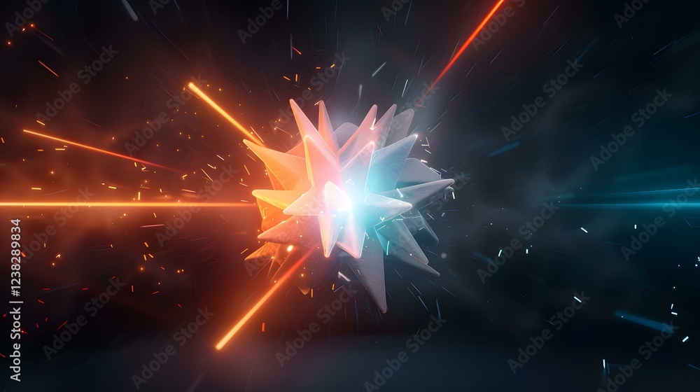 Poster the image contains a dynamic, abstract 3d rendering of a multifaceted, star-like object at the cente