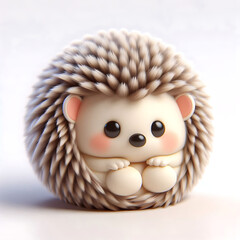 Cute cartoon hedgehog, round plump shape, big black eyes, tiny pink ears, beige face and paws, spiky brown quills, soft pastel colors, kawaii style, 3D render, miniature figurine, smooth textures, gen