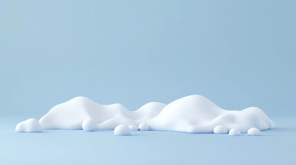 21.A minimalistic 3D collection of snow caps, icicles, snowdrifts, and snowballs arranged on a smooth blue background. The snow elements are designed in a clean, soft style, with rounded snow caps,