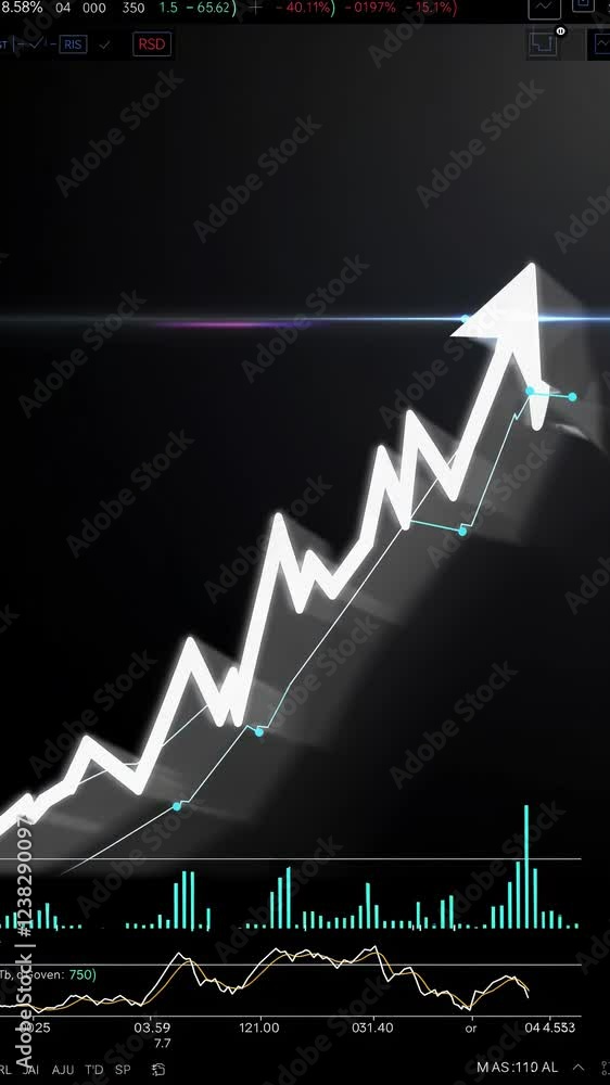 Poster a dramatic black background highlighting a white graph line shooting upward, with essential metrics 