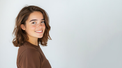 Fototapeta premium Australian young woman wearing brown clothes smiling isolated on white background
