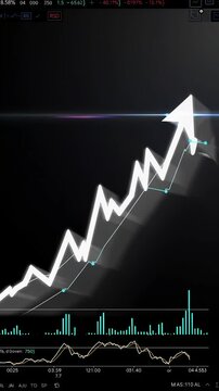 A dramatic black background highlighting a white graph line shooting upward, with essential metrics like RSI or MACD appearing in translucent overlays.