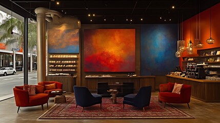 Modern Lounge Area Featuring Abstract Art and Comfortable Seating