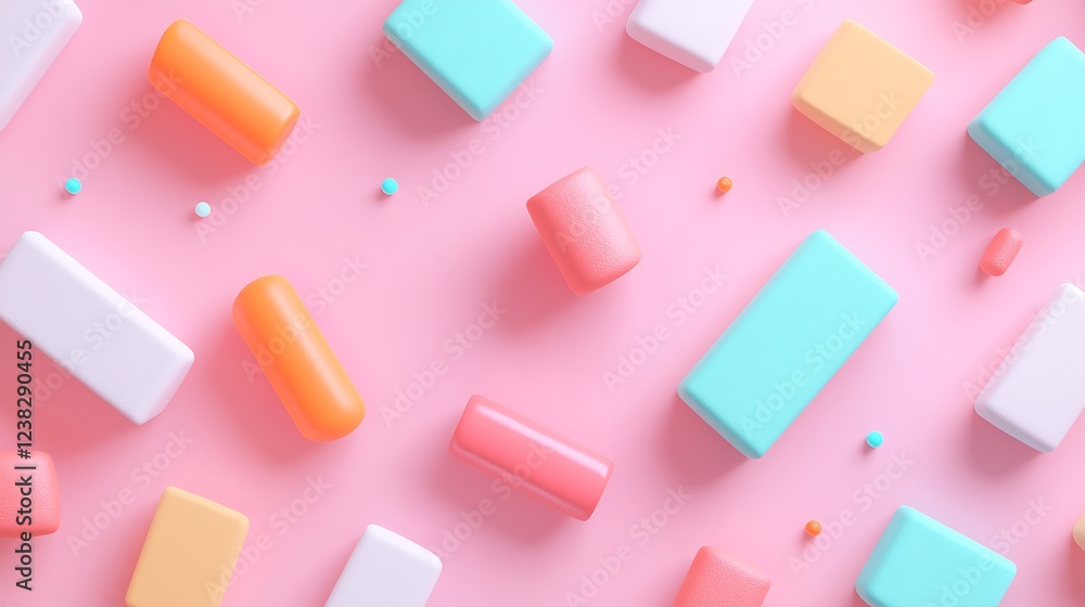 Poster colorful geometric shapes on a soft pink background creating a playful and modern abstract design