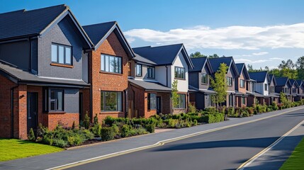 Newly Constructed Houses on a Suburban Street with Lush Greenery and Clear Blue Sky in a Modern Neighborhood
