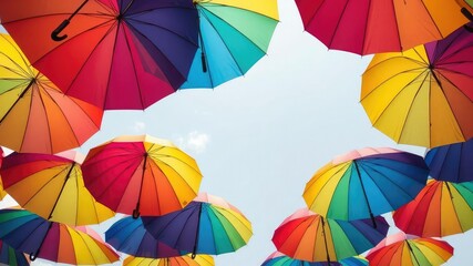 Rainbow umbrella clusters suspended in air, creative display, multicolored umbrellas