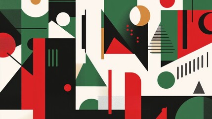 28.A modern geometric Christmas background with simple linear elements arranged in a balanced pattern. The design features abstract shapes, such as triangles, circles, and rectangles, in bright and