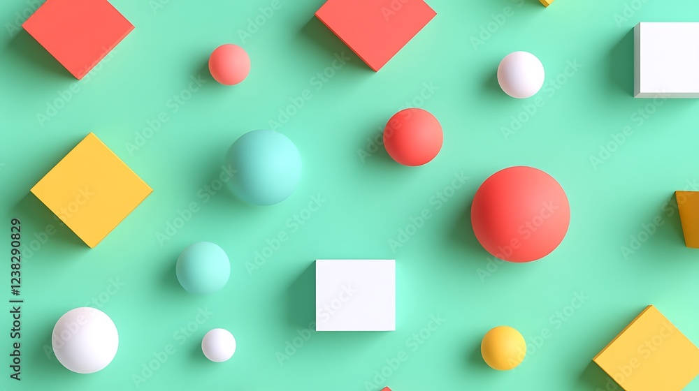 Poster colorful geometric shapes on a turquoise background creating a modern, playful abstract design for v