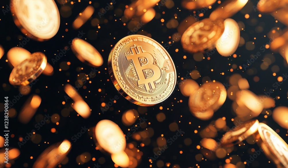 Poster a dazzling display of floating bitcoin coins against a dark background, symbolizing the rise and pop