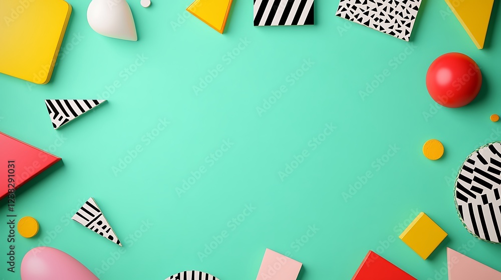 Poster colorful geometric shapes on a vibrant teal background creating a dynamic visual layout for designs