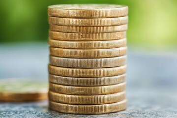 A close-up of a neatly stacked pile of coins, symbolizing wealth, savings, and financial growth, set against a blurred green background.
