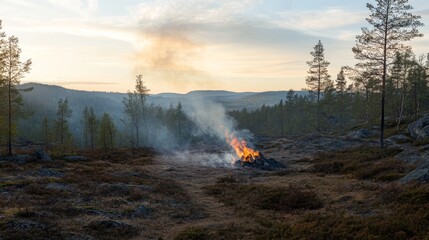 96.A powerful campfire burns in the wilderness of a national park in Sweden, surrounded by the wild beauty of towering trees, rocky terrain, and open spaces. The campfire&acirc;&euro;&trade;s bright flames provide