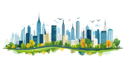 Obraz premium Autumn Cityscape Park, Skyline, Birds, Road, Reflection