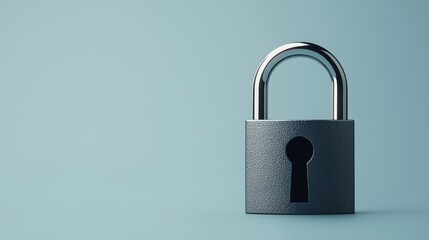 Naklejka premium A metallic padlock stands against a soft blue background, symbolizing security and protection in a minimalist design.