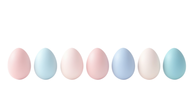 Row of pastel colored easter eggs on transparent background