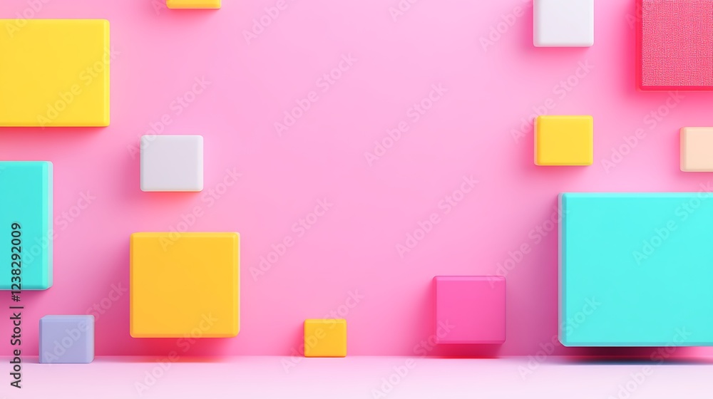 Poster colorful geometric shapes on pink background creating a playful and modern artistic design element