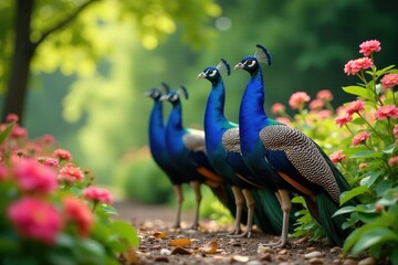 Obraz premium Peacocks in a row amidst lush flowers and foliage, nature, flowers