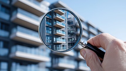 A hand holding a magnifying glass focuses on a modern apartment building.