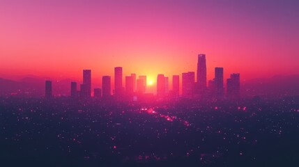 Fototapeta premium Cityscape sunrise, urban skyline, purple sunset, mountains, aerial view