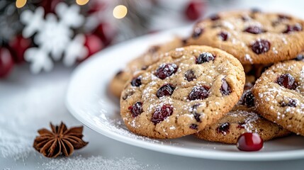 A plate of festive cookies with cranberries, dusted with powdered sugar, set against a holiday backdrop.