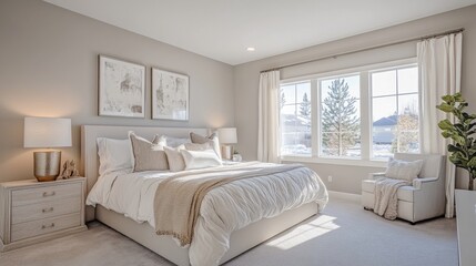 43.A spacious bedroom with a neatly arranged bed, featuring soft, neutral-toned bedding. The room is bright and airy, with sunlight streaming through the window, highlighting the clean lines of the