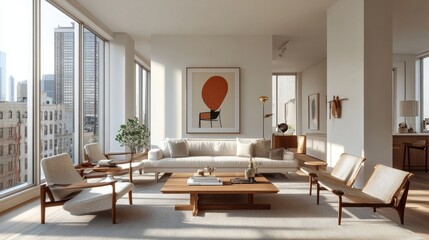 60.A stylish mid-century modern living room, where natural light floods the space through wide windows, highlighting the roomâ€™s clean, geometric lines. The minimalist design features a comfortable