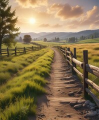 Fototapeta premium rustic landscape with split rail fence and rolling hills , rural, scenery