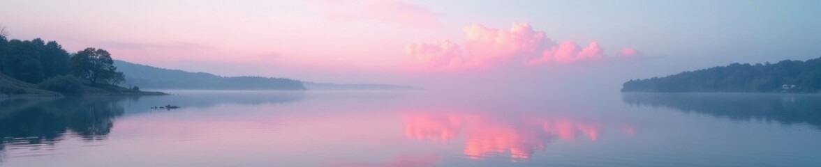 Obraz premium Pink misty cloud gently settles on calm lake surface with reflection, peaceful, reflection