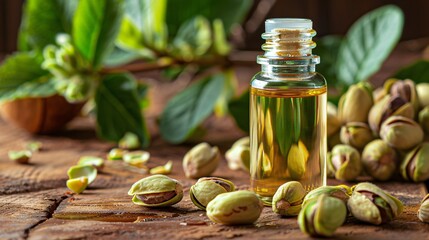 Pistachio essential oil. Selective focus