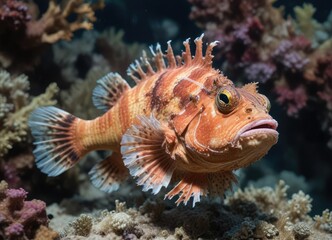 Scorpionfish with long tail resting on coral reef in Bali, coral reef, tropical fish