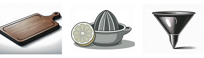 A set of three kitchen utensil icons: a cutting board, a citrus juicer, and a funnel.  Simple, minimalist design.