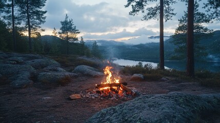 Fototapeta premium 92.A wild campfire blazes in the midst of a national park in Sweden, surrounded by the raw beauty of the wilderness. The flames are high and vibrant, contrasting with the calm, serene forest and