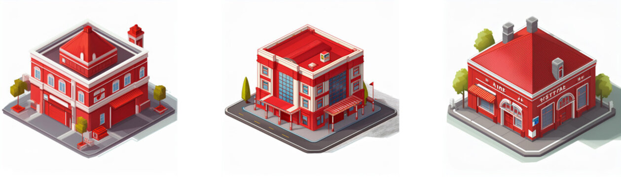 Three isometric illustrations depict red fire stations, each with unique architectural details, showcasing different building styles within the same theme.