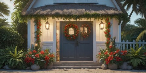 Fototapeta premium Seaside cottage with a festive Christmas wreath on the front door adorned with tropical flowers, coastal, tropical flowers