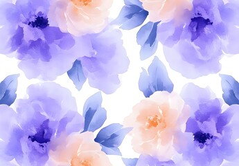 Watercolor floral pattern, with purple and orange flowers on a white background, and green leaves. 