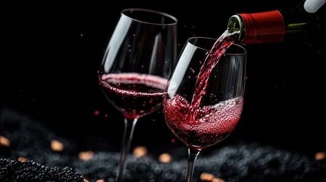 Two wine glasses being filled with red wine against a dark background.
