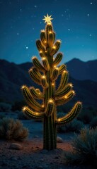 Fototapeta premium Prickly greenery shines like stars in desert twilight, , night scene, cactus christmas tree