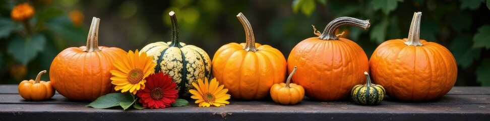 Pumpkins and flowers on a vintage metal table, autumn, pumpkins, arrangement
