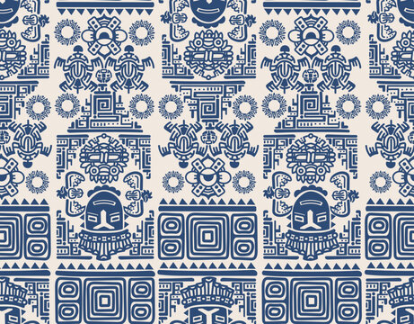 Seamless pattern Mayan Aztec totems vector ornament. Seamless African pattern. Ethnic carpet with chevrons. Modern rug. Geo print on textile. Fabric or textile print, with Mexico native Maya culture.