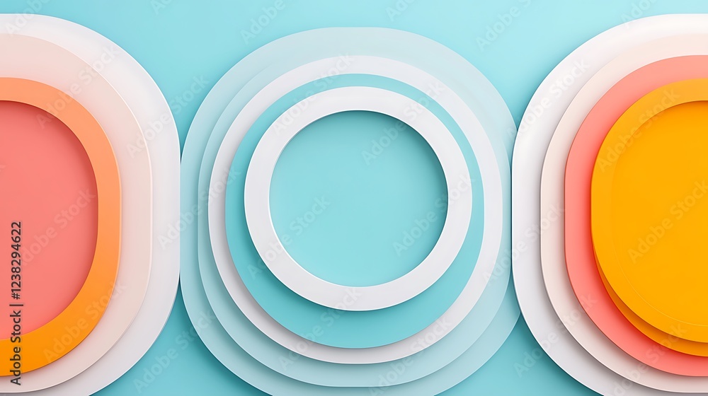 Poster colorful layered shapes on a blue background creating an artistic and modern abstract design composi