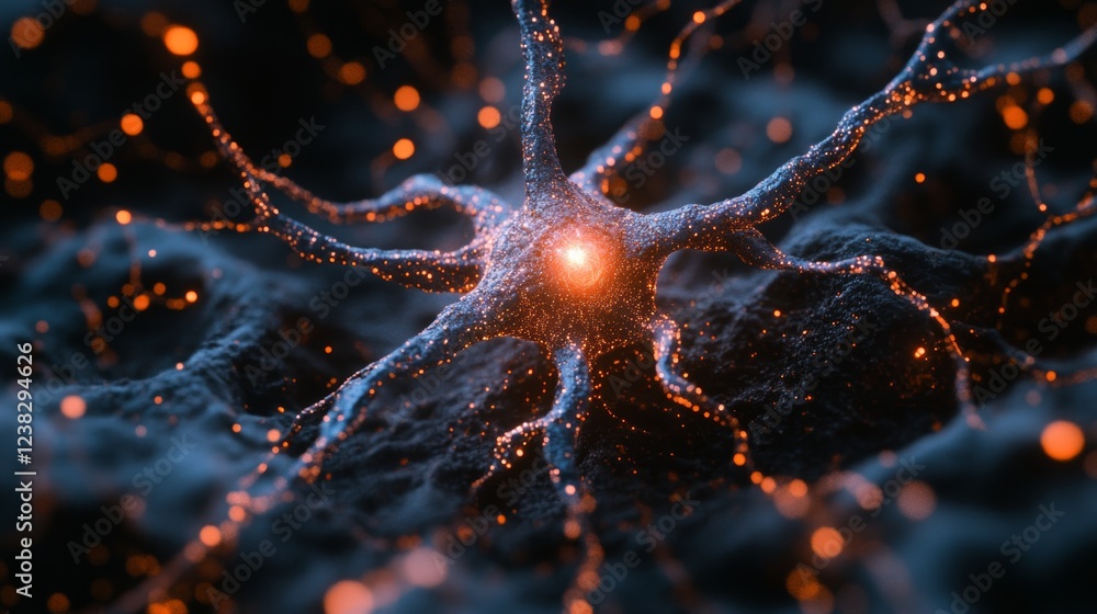 Poster abstract 3d rendered neural network with bright synapses firing, neurology, nervous system concept
