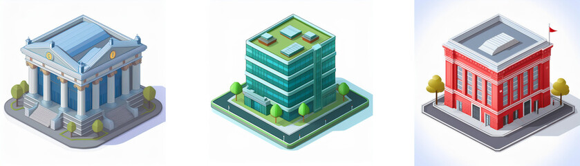 Isometric view of three diverse buildings: a classical temple, a modern office building, and a brick structure.  Each building sits on a small plot with landscaping.