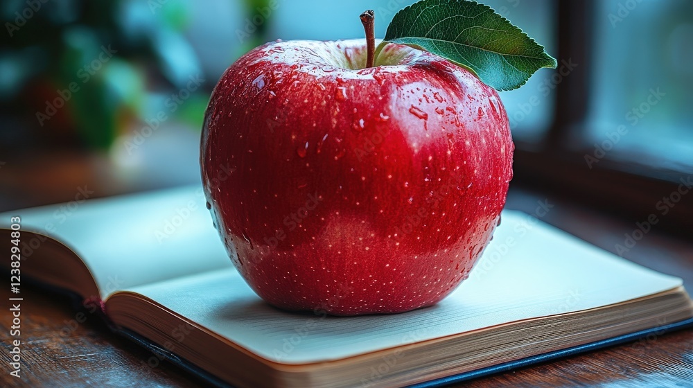 Poster a fresh red apple with water droplets resting on an open book near a window with greenery