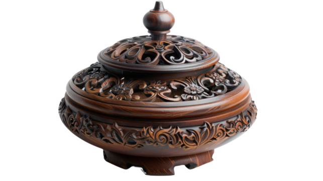 Wooden incense burner showing intricate floral carvings on transparent background