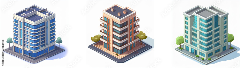 Poster isometric view of three modern apartment buildings, each with unique architectural styles, situated 