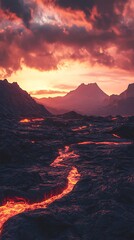 Fototapeta premium volcanic terrain with molten lava under blazing sky image