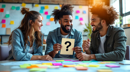 Diverse team engaging in a fun team-building quiz session with question card and colorful sticky notes in a collaborative office environment.