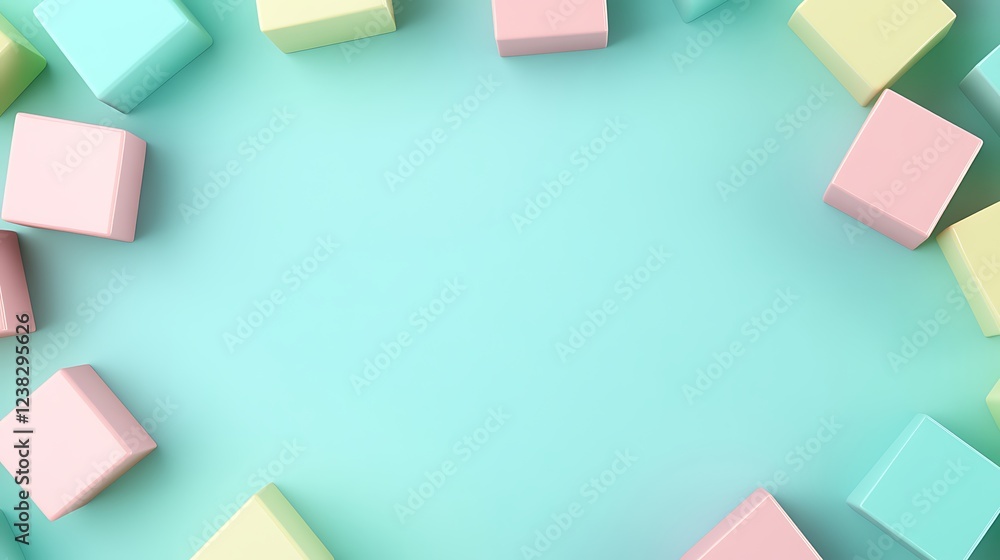 Poster colorful pastel building blocks arranged in a circular pattern on a soft mint green background