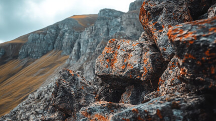 Close-up of textured rocks with a mountainous background under a cloudy sky.