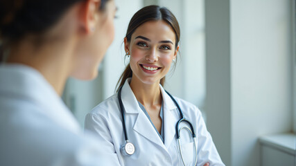 Fototapeta premium Smiling Doctor Engaging with Patient in Medical Setting